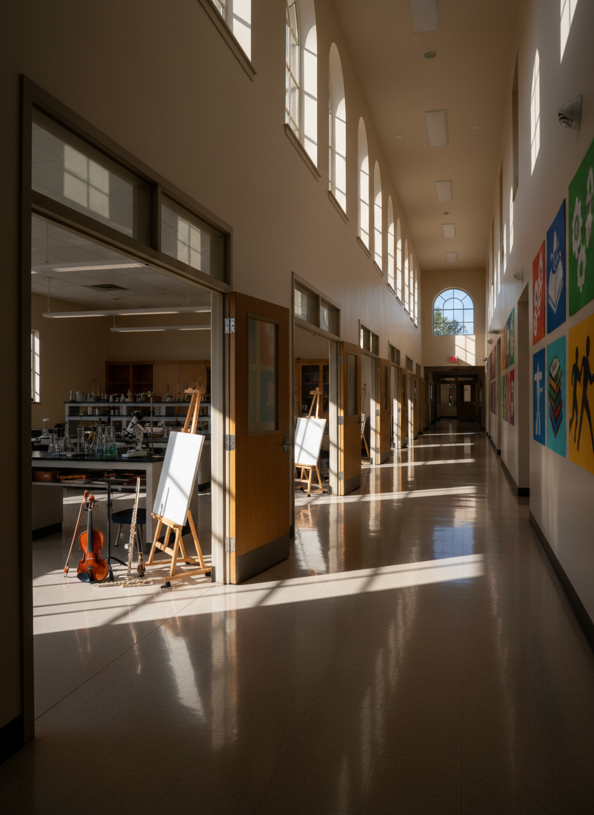 A long, photographic view down a sunlit Brevard County school corridor transformed into an opportunity showcase.