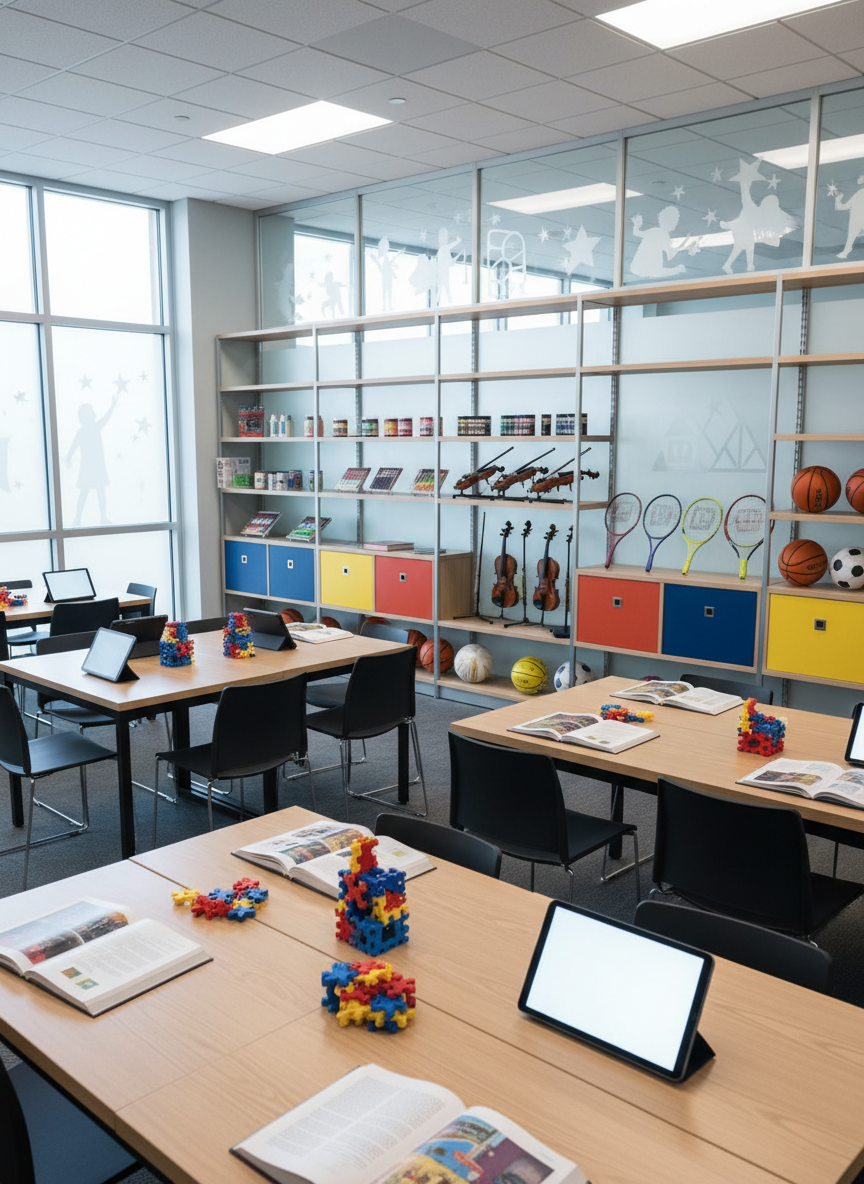 A cinematic, photographic interior of a modern community learning space in Brevard County, designed for scholarships and enrichment.
