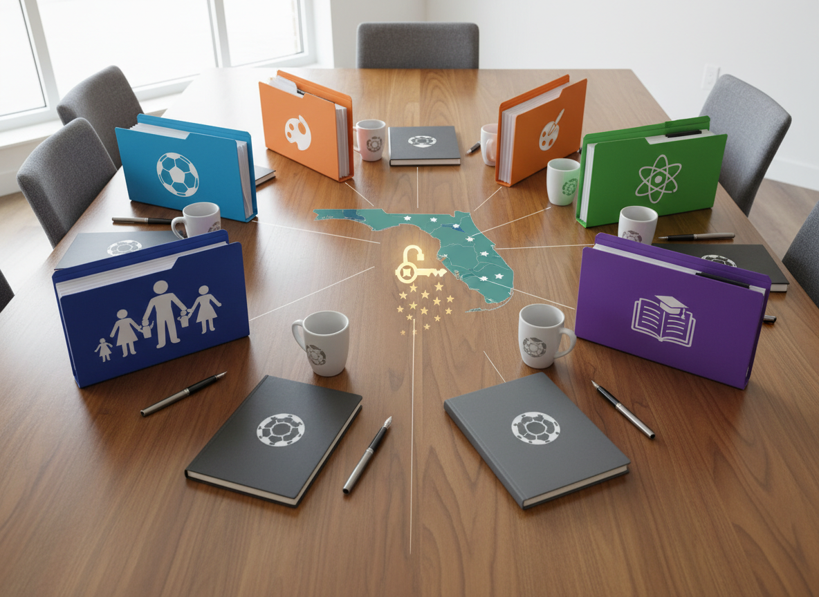 A wide, photographic overhead shot of a large, clean table serving as a planning hub for community partnerships.
