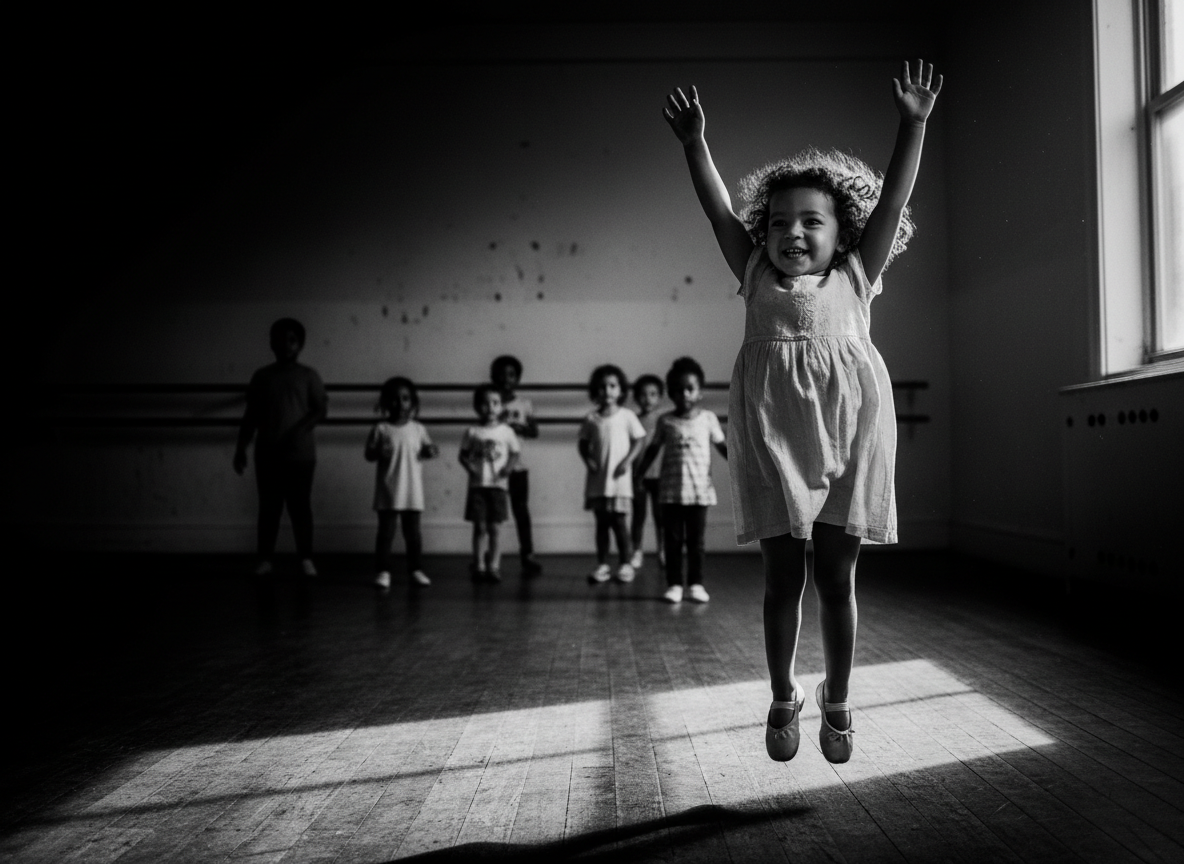 Black and white documentary-style photograph of a young child mid-motion in a joyful activity, dramatic lighting, high contrast, emotionally resonant.